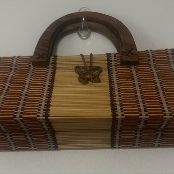 Vintage Collapsible Bamboo Handbag Slatted Double Wooden Handle Rectangle Purse - Picture 5 of 16